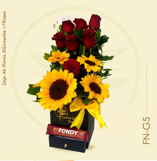 Caja de girasoles + Rosas + Chocolate