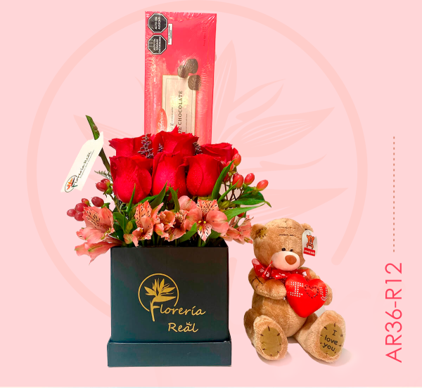 box de rosas + peluche + chocolate