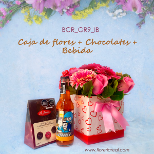 Caja de flores + chocolate + bebidas