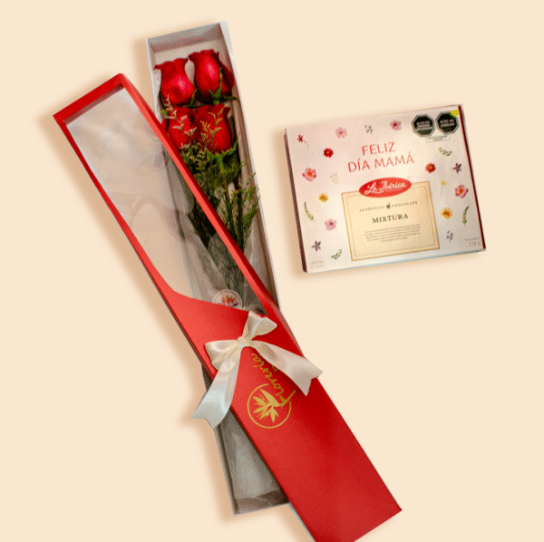 Caja con 4 Rosas y Chocolates – Regalo Elegante y Dulce para el Día de la Madre
